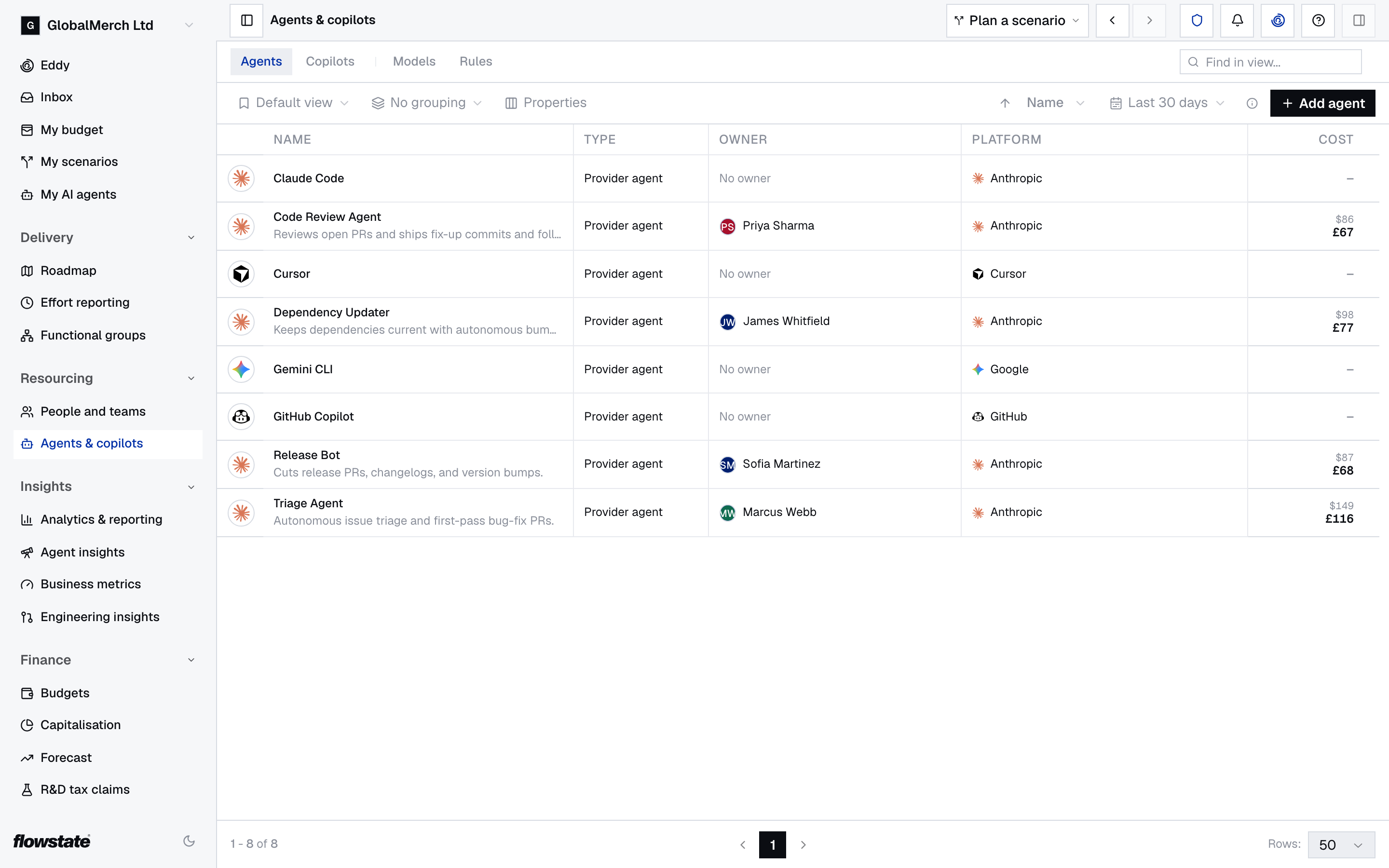 Agents list with type, owner, platform and cost for each AI agent, and an Add agent button