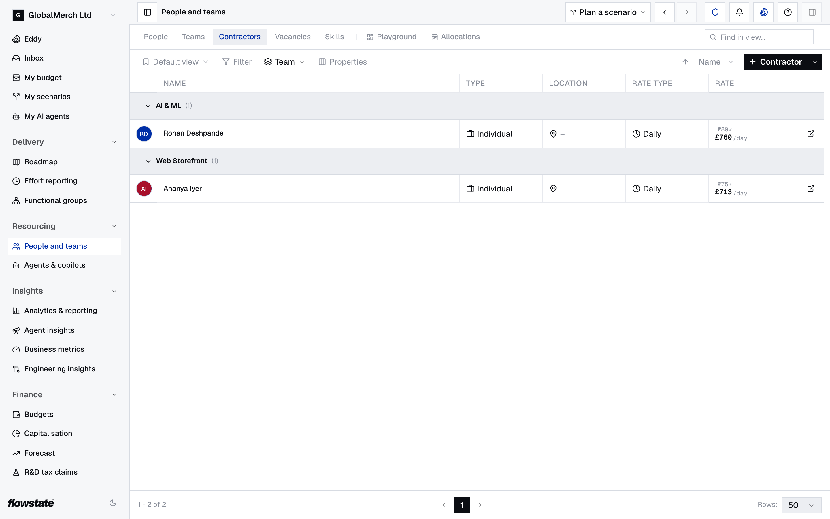 Contractors tab grouped by team, with each contractor's type, location, rate type and day rate