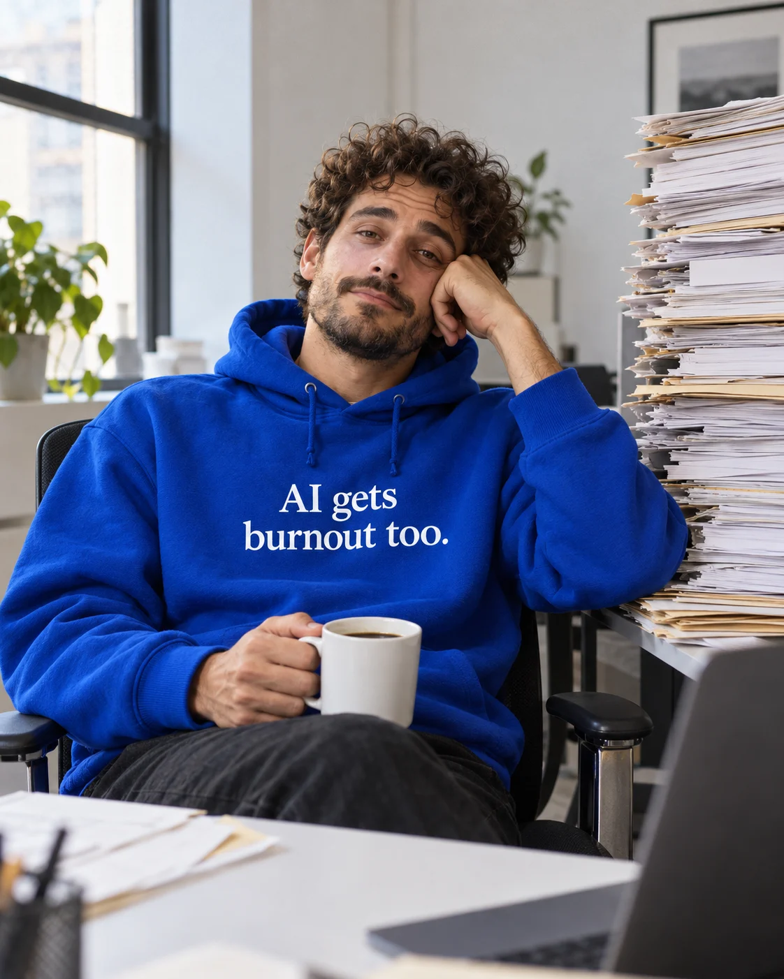 A man with a coffee beside a stack of paperwork wearing a blue AI gets burnout too hoodie