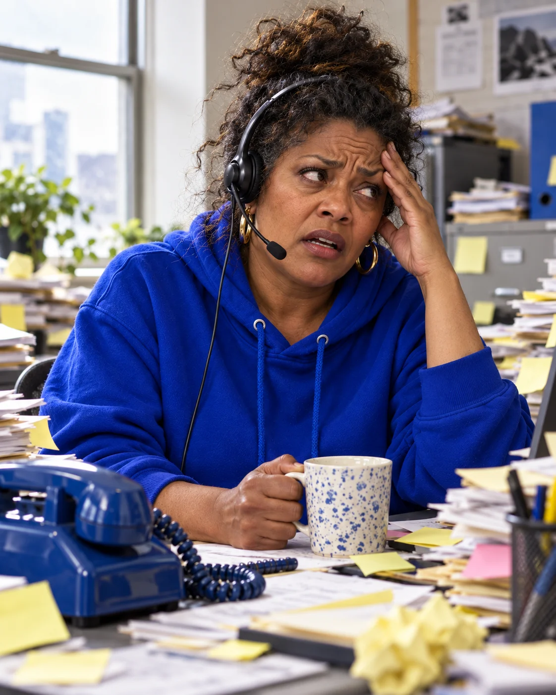 An exhausted Sharon pressing her temple, wearing a blue hoodie and headset at a desk buried in paperwork