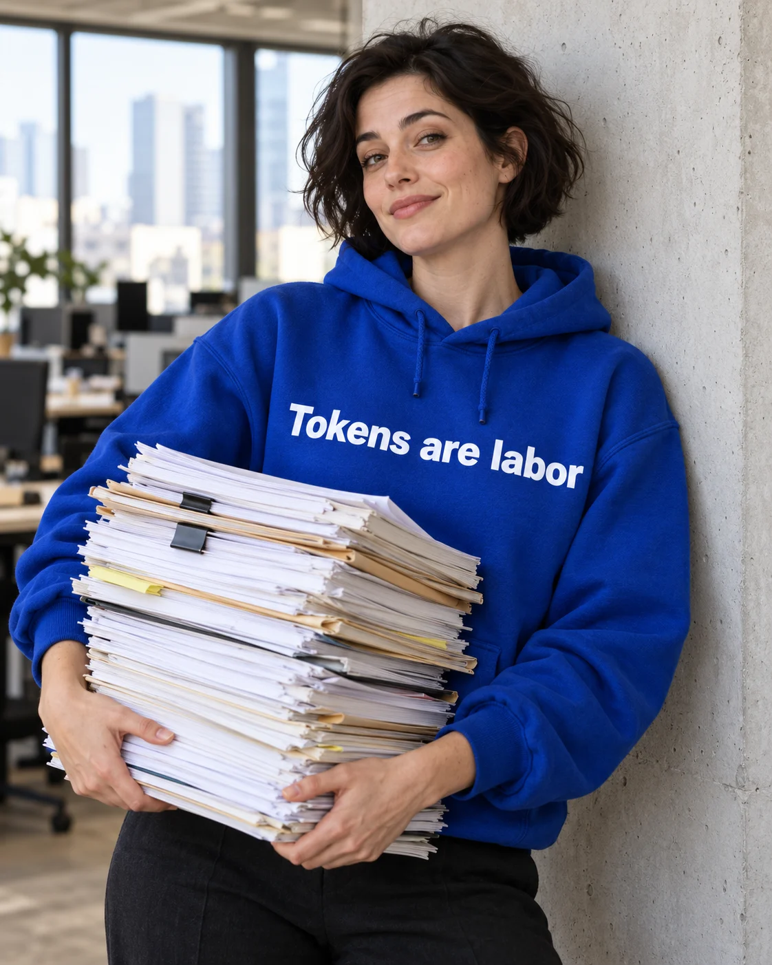 A woman holding a stack of paperwork in a blue hoodie that says Tokens are labor
