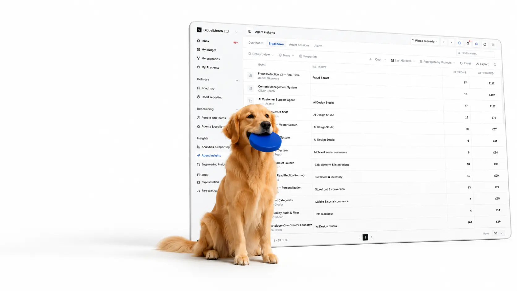 The Flowstate agent insights breakdown, showing AI sessions and attributed cost per project, with a golden retriever holding a Klein blue frisbee sitting in front of it