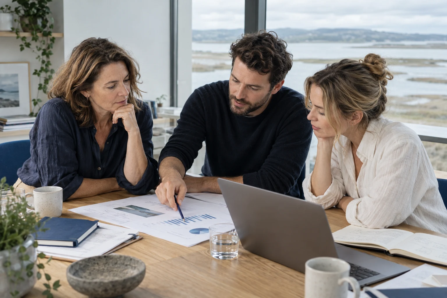 Three colleagues reviewing figures together at a table.